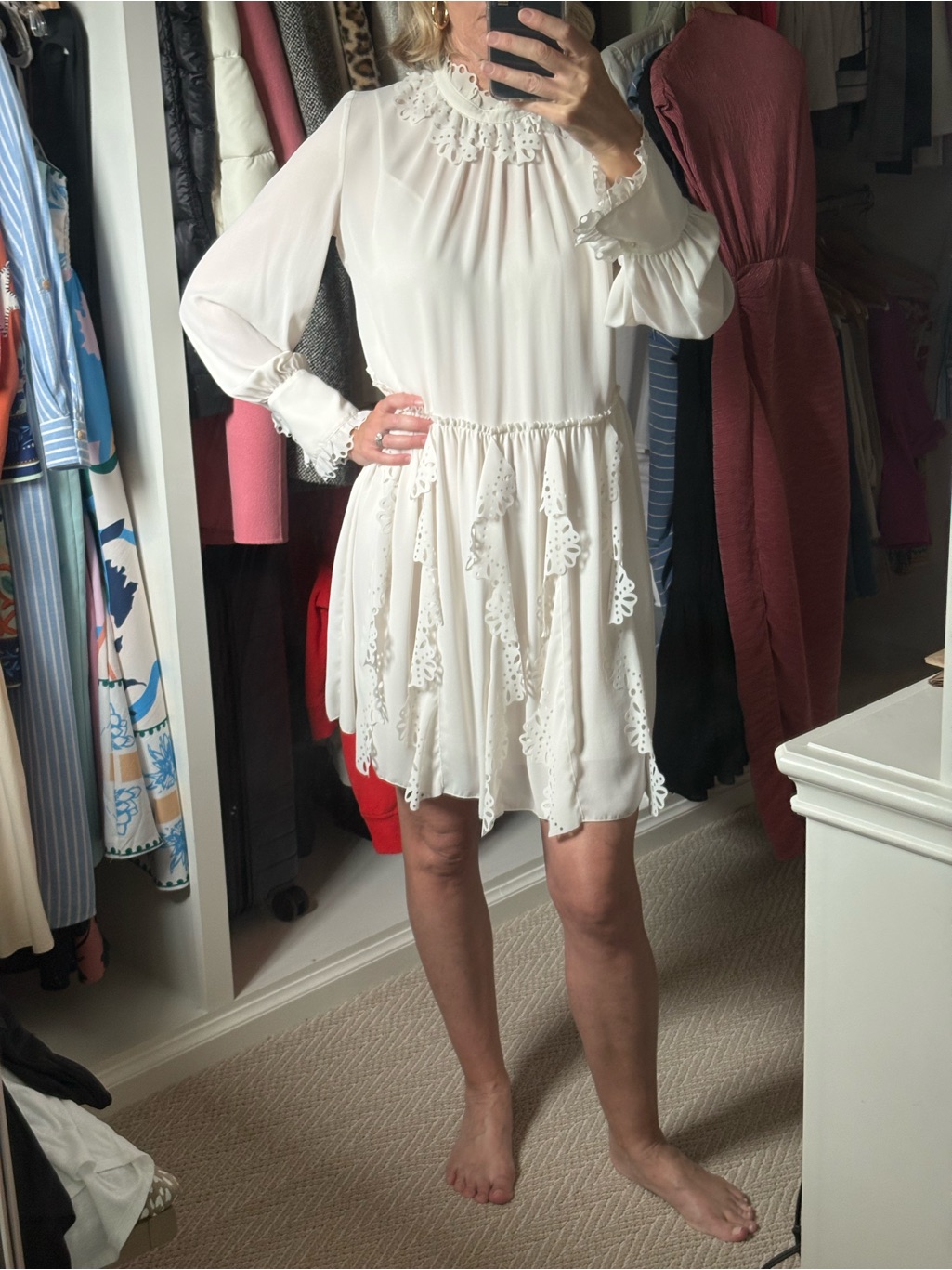 See By Chlo White Lace-Trim Long-Sleeve Mini Dress